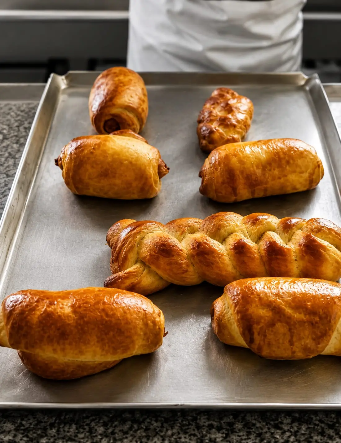 Panes salchicha dorados sobre bandeja, recién salidos del horno